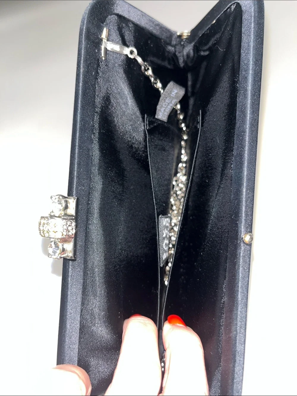Saks Fifth Avenue Black Satin Jeweled Clasp Evening Clutch / Crossbody